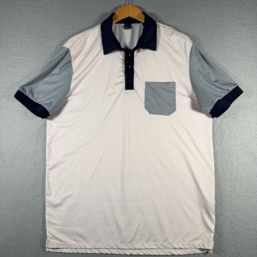 G/FORE Mens Striped Performance Golf Polo Shirt Pink Navy Blue‎ Large Pocket